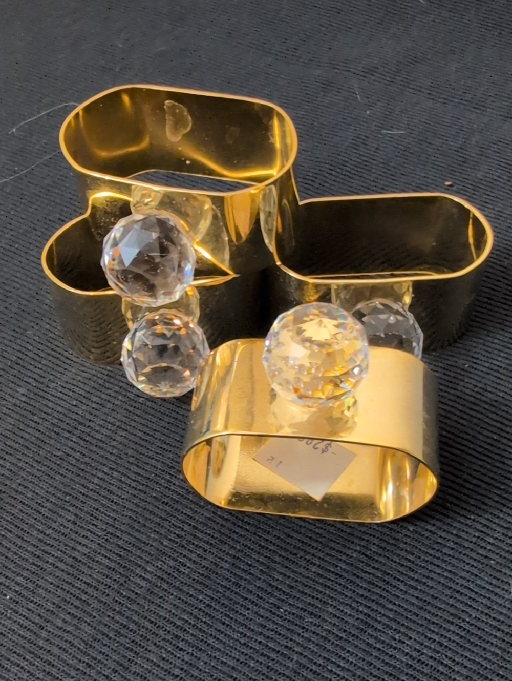 Source Unknown Gold Napkin Rings with Crystal Knobs